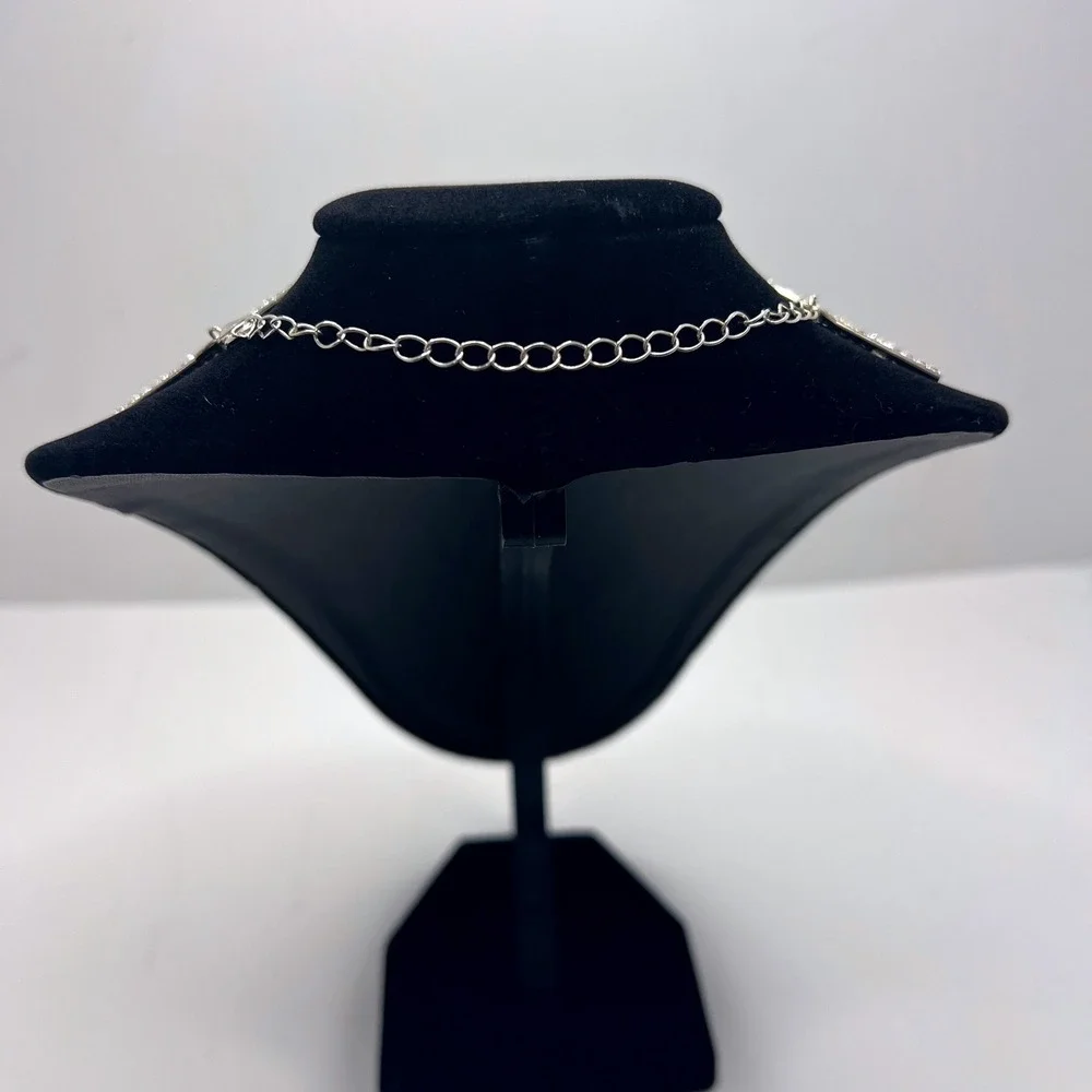Silver Tone Multi Strand Rhinestone Bib Necklace Statement Crystal Waterfall 17" - Picture 4 of 4